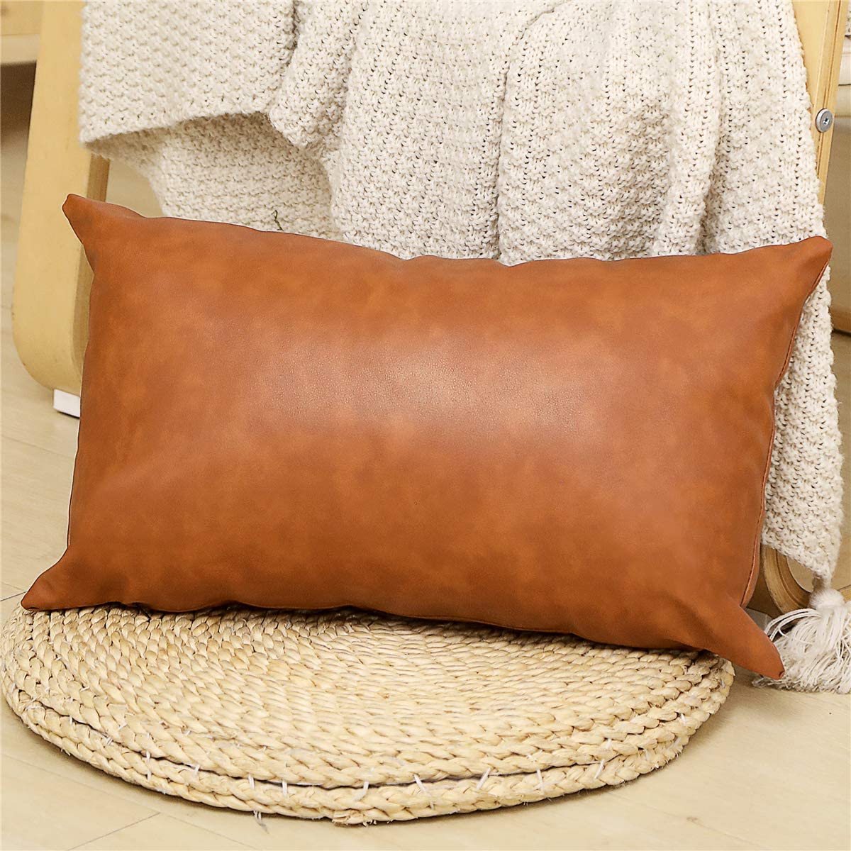 picture Cognac Leather Lumbar Pillow