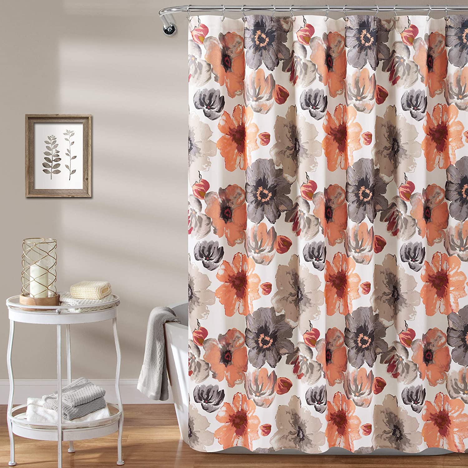 images Grey And Coral Shower Curtain