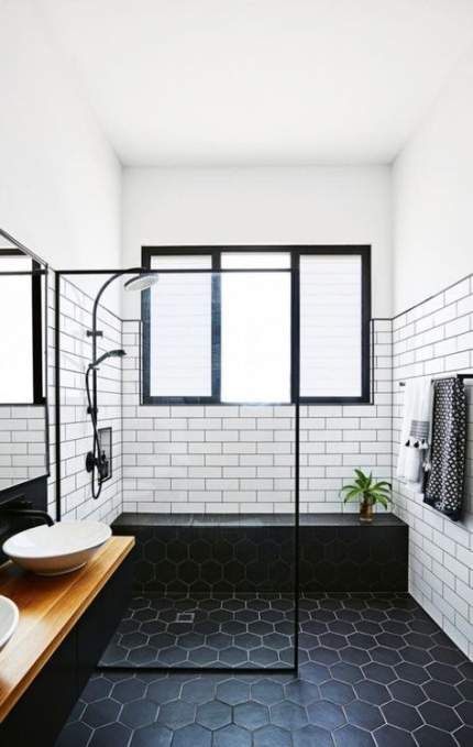 photo Pinterest Black White And Wood Bathroom