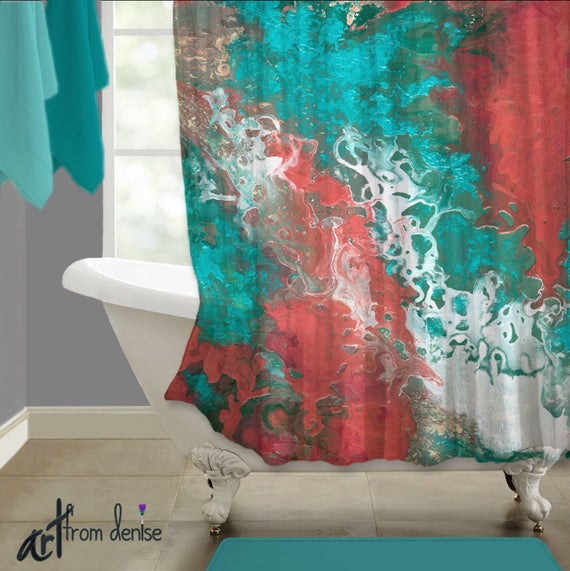 pix Teal Coral Shower Curtain